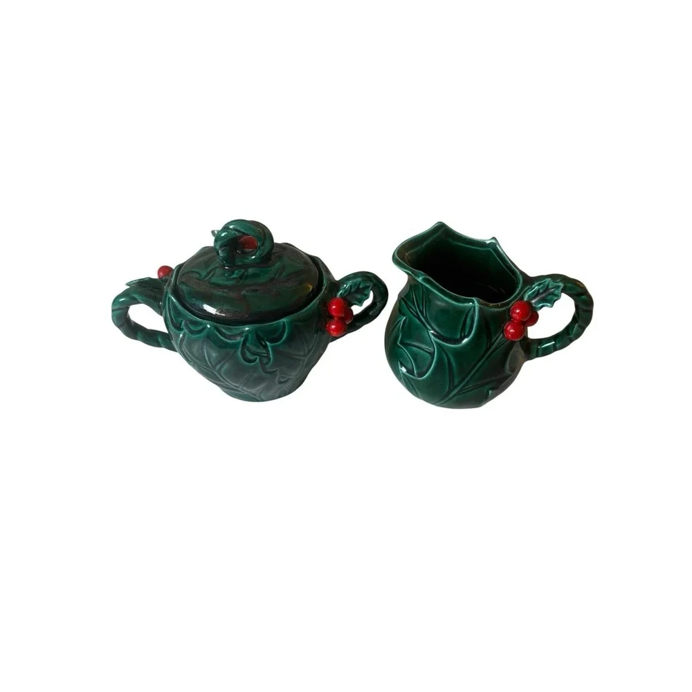 Vintage‎ Lefton Set Creamer & Sugar Bowl With Lid Holly Berries #1355